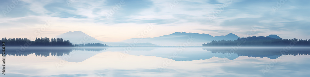 Wide panoramic header; calming rhythm of nature. A quiet blue atmosphere with a calm lake, the reflection of mountains on the water. peaceful landscape banner for contemplation and meditation website
