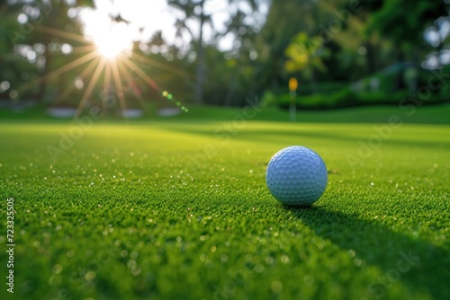 Golf ball on green lawn at beautiful course Ready for sports during holidays for health