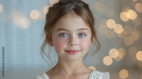 Beautiful young ballerina looking at the camera and smiling against a bright ...