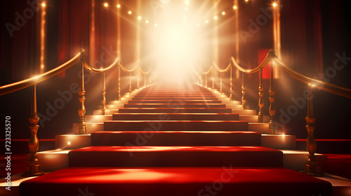 Red carpet on the stairs on dark background, the way to glory, victory and success