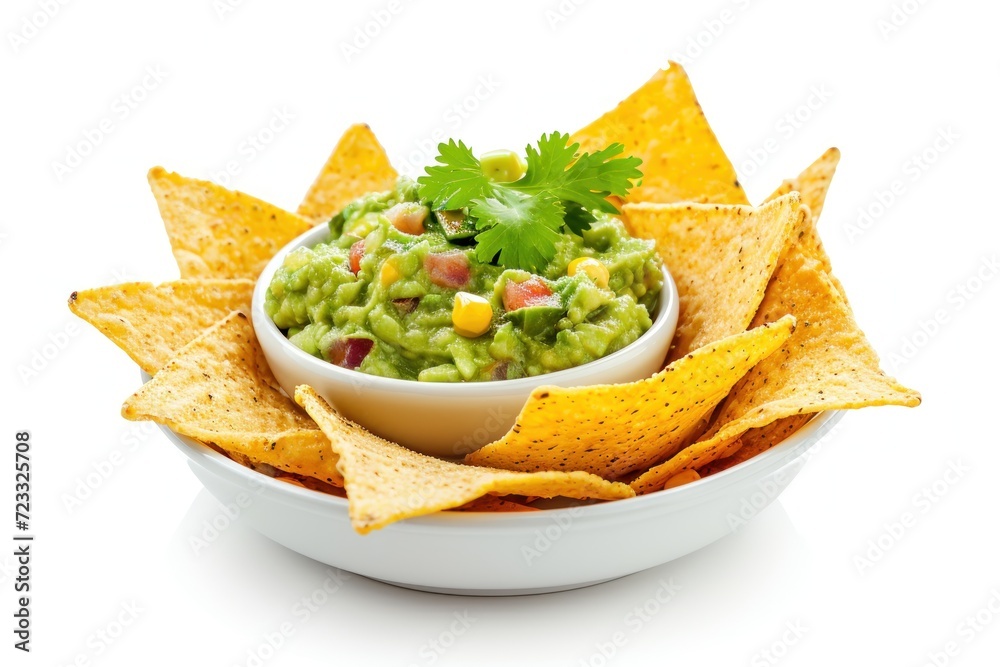 Guacamole dip with chips in a white bowl on white background Guacamole dip with chips in a white bowl on white background