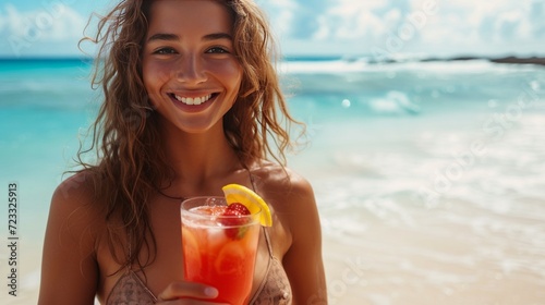 Beautiful woman stands in a bikini on the beach looking at the camera smiling...