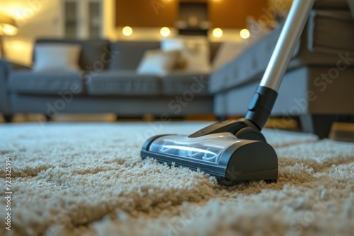 Hand held white cyclonic dust collection technology cordless vacuum powerfully cleans carpet near the sofa in the house Close up photo
