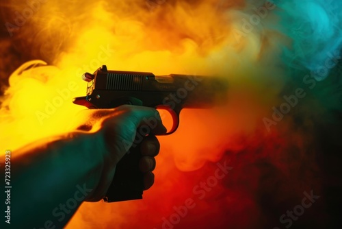 Hand holding gun with colorful backlights on black background