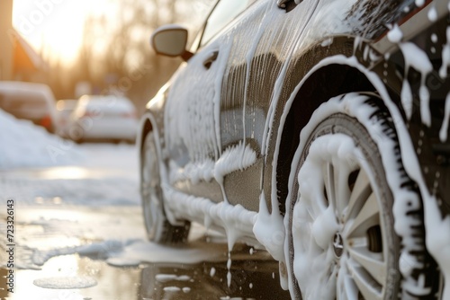 High pressure water washes car with white soap and foam