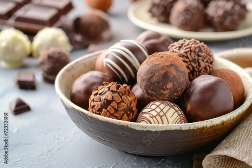 Homemade chocolate truffles displayed on a ceramic table dish