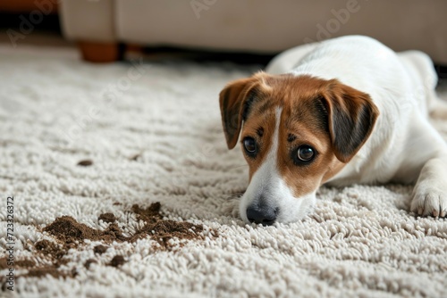 Humorous canine leaving muddy tracks on the rug
