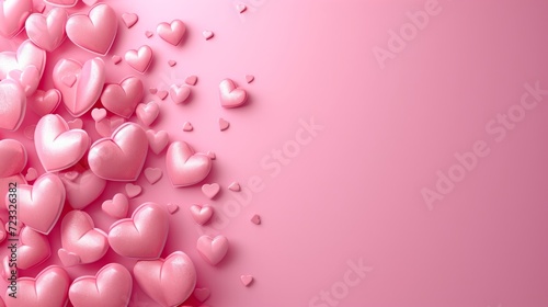Beautiful delicate pink background with frame of voluminous 3D hearts and ple...