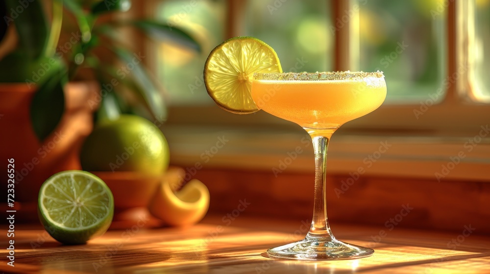 a close up of a drink in a glass with a slice of lime on the rim and a potted plant in the background with a potted plant in the foreground. a close up of a drink in a glass with a slice of lime on the rim and a potted plant in the background with a potted plant in the foreground.