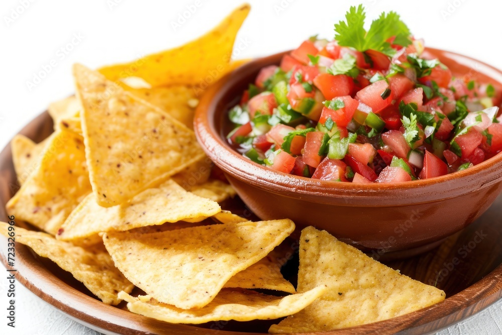 Isolated red and green salsa with tortilla chips on white background Isolated red and green salsa with tortilla chips on white background
