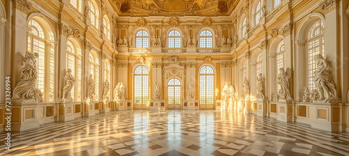 Luxury classic gold palace interior with statues and marble floor. hall of Chateau. Luxurious palace royal interior, fragment of the interior photo