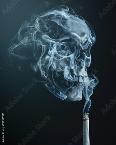 Smoke with the shape of a human skull, coming out of a lit cigarette photo