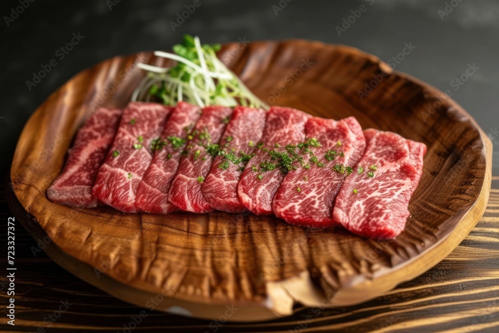 Japanese Wagyu beef served on a wooden platter