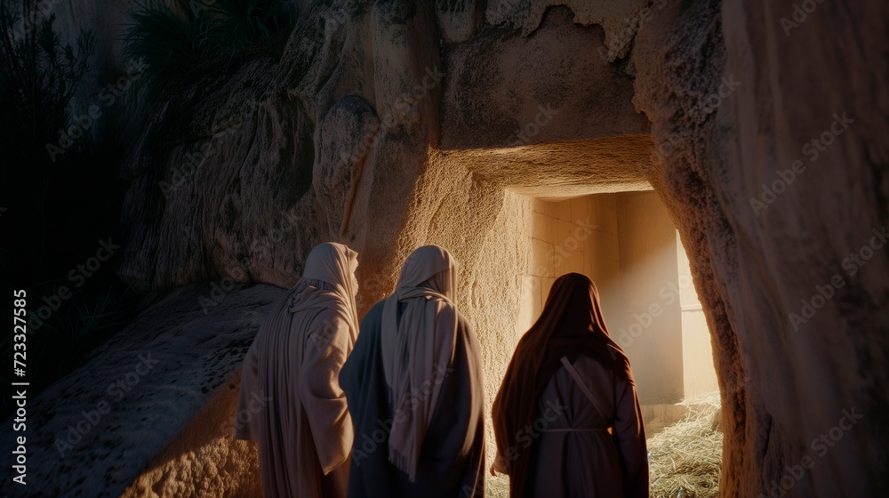 Bible, Easter, A peaceful and hopeful image of Mary Magdalene and other women approaching the empty tomb of Jesus at sunrise.