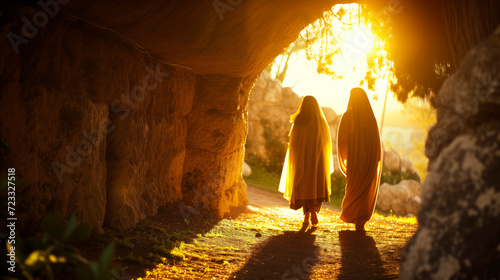Bible, Easter, A peaceful and hopeful image of Mary Magdalene and other women approaching the empty tomb of Jesus at sunrise.