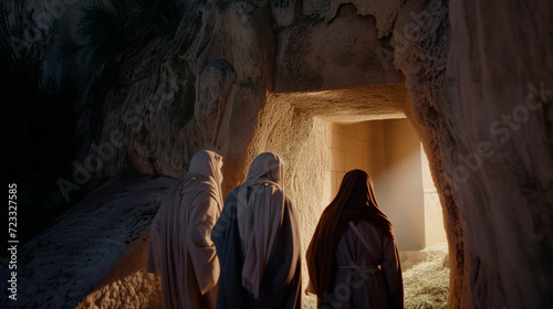 Bible, Easter, A peaceful and hopeful image of Mary Magdalene and other women approaching the empty tomb of Jesus at sunrise.