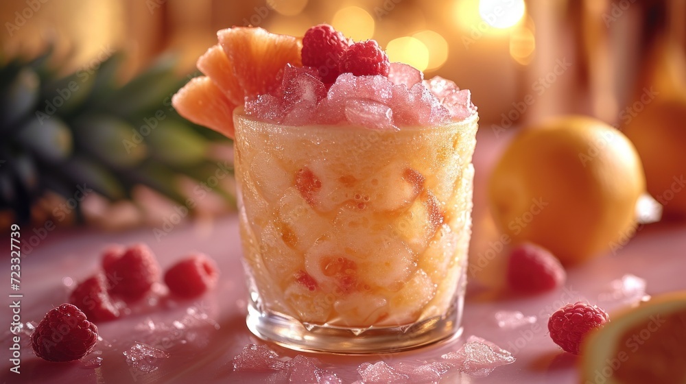a close up of a dessert in a glass on a table with fruit and a pineapple in the background and a pineapple and a pineapple in the foreground. a close up of a dessert in a glass on a table with fruit and a pineapple in the background and a pineapple and a pineapple in the foreground.