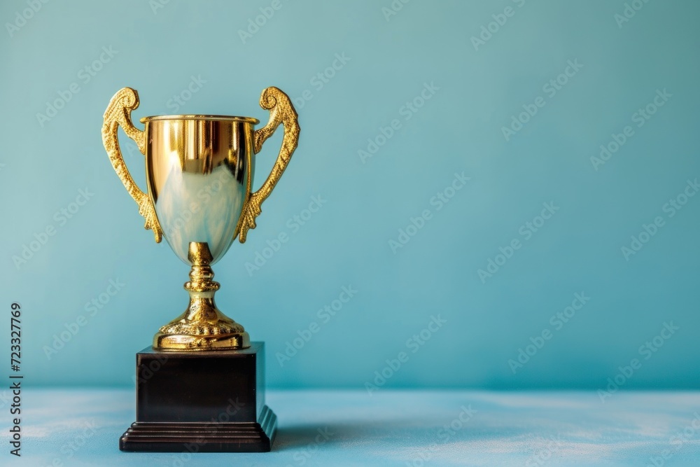 Low angle view of trophy with blue background Low angle view of trophy with blue background
