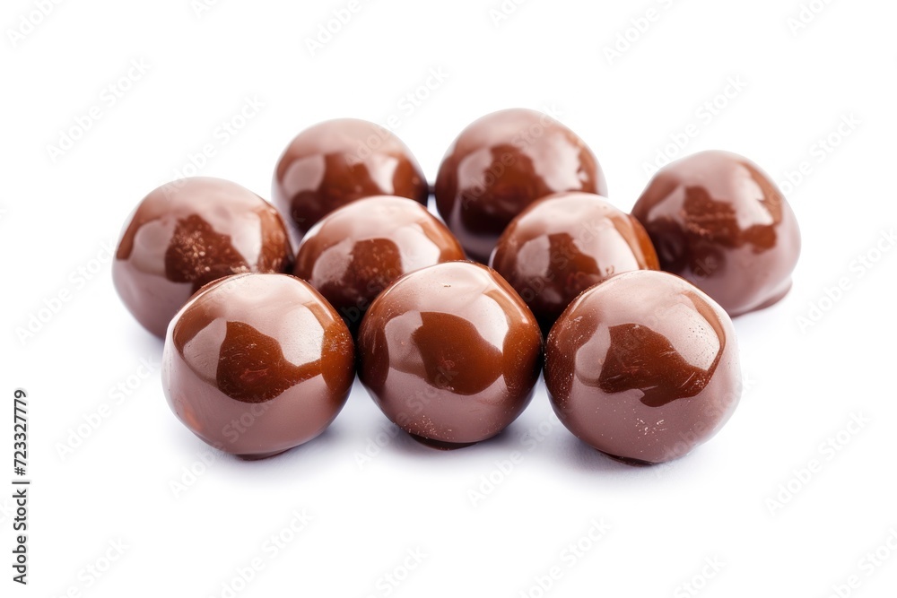Luxury assortment of handcrafted chocolate balls with glossy brown icing on white background Luxury assortment of handcrafted chocolate balls with glossy brown icing on white background
