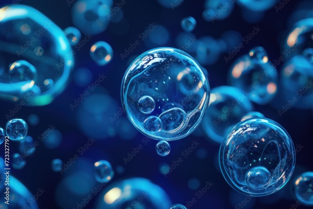 Macro soap bubbles group representing abstract cell structure in blue science background