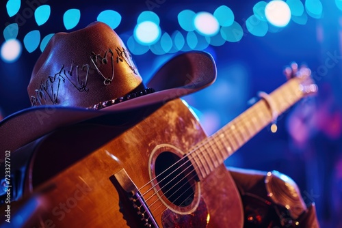 Fotobehang Live country music festival with acoustic guitar cowboy hat and boots