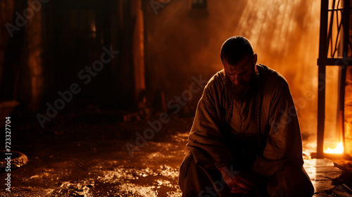 Fotografia Bible, Easter, Peter is alone in a courtyard, illuminated by firelight, as he experiences repentance after disowns Jesus three times