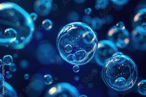 Macro soap bubbles group representing abstract cell structure in blue science background