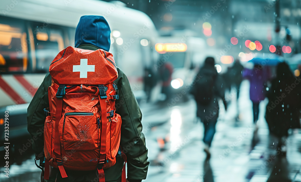 Obraz premium an ambulance rescue worker man with a red backpack white cross sign outdoors, back side to the camera, copy space, person goes to help refugees and people who needs help