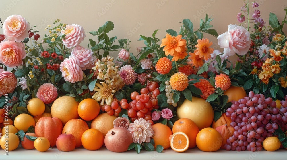 an arrangement of flowers, fruit, and fruit arranged in a row on top of a table with oranges, apples, and grapefruits in the foreground. an arrangement of flowers, fruit, and fruit arranged in a row on top of a table with oranges, apples, and grapefruits in the foreground.