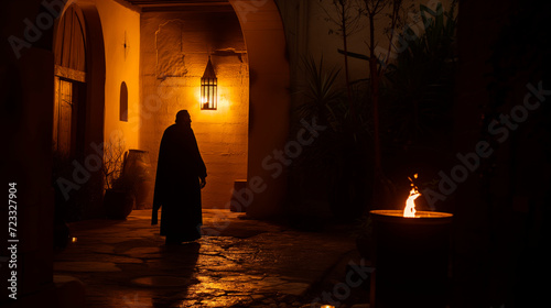 Bible, Easter, Peter is alone in a courtyard, illuminated by firelight, as he experiences repentance after disowns Jesus three times. © The Blue Wave