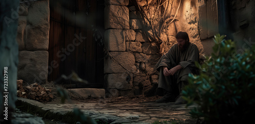 Fototapeta Bible, Easter, Peter is alone in a courtyard, illuminated by firelight, as he experiences repentance after disowns Jesus three times