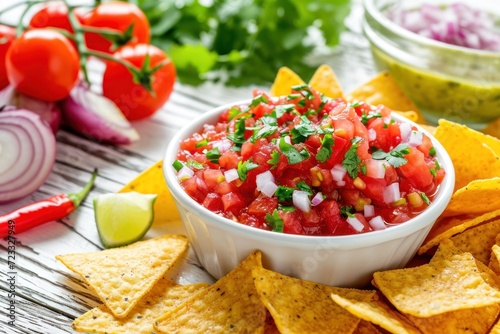 Mexican appetizer salsa dip with homemade recipe of tomatoes onions cilantro jalapeno pepper and salt served with corn chips on a white isolated background