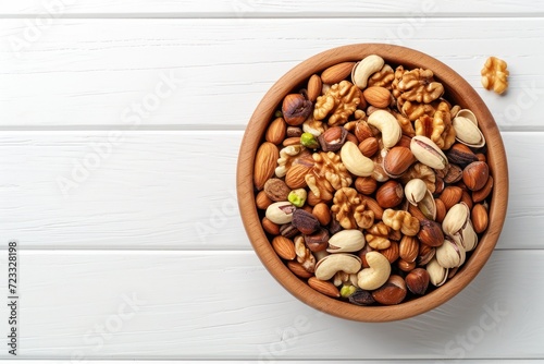 Mixed nuts in a wooden bowl on a white table from above comprising walnuts pistachios almonds hazelnuts and cashews a healthy food and snack