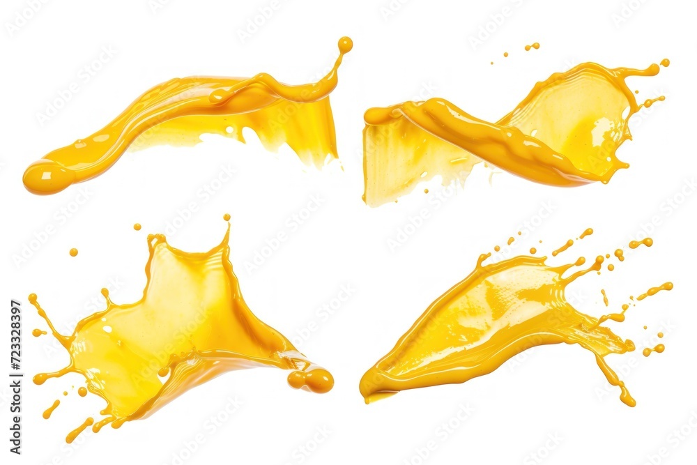 Mustard sauce isolated Dijon honey mustard smeared liquid dressing puddle stain drops spread or splatter cut out collection - obrazy, fototapety, plakaty 