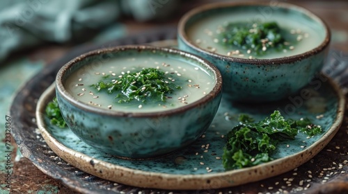 a close up of two bowls of soup on a plate with some kale sprouts on top of the bowl and another bowl of soup in the background.