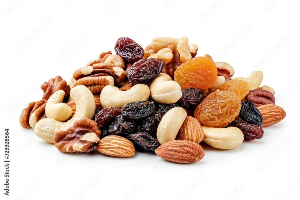 Nuts and dried fruits on a white background including apricots raisins walnuts hazelnuts cashews pecans and almonds Nuts and dried fruits on a white background including apricots raisins walnuts hazelnuts cashews pecans and almonds