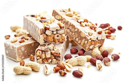 Nuts and nougat together on a plain background collage style