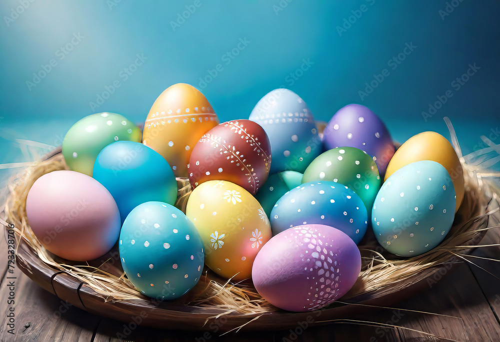 Easter decorations, colorfully painted and decorated Easter eggs and spring flowers on a wood background, Empty space for typography and logo.