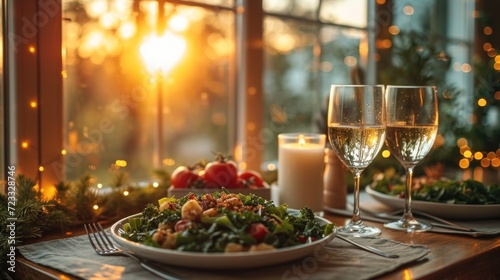  a close up of a plate of food on a table with a glass of wine and a candle in front of a window with christmas lights and garlands in the background.