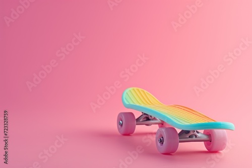 Pastel rainbow Penny board skateboard on pink background inspired by summer fun