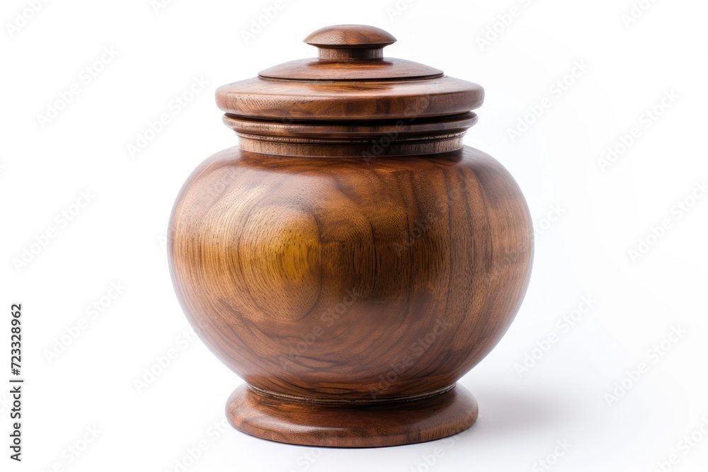 Pet funeral urn made of wood on white background Close up view
