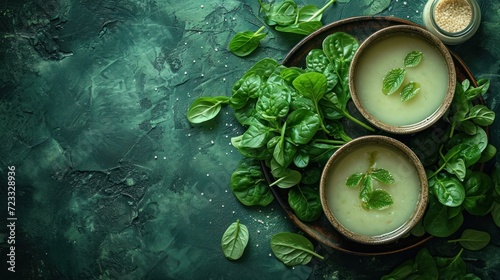  a couple of bowls filled with soup next to a bowl of spinach and a bowl of seasoning on top of a green surface with a sprig of spinach.
