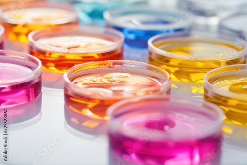 Petri dish containing liquid with chemical elements oil cosmetics gel water molecules and viruses Close up shot on a white background