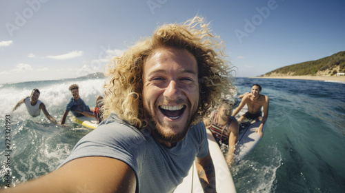 Handsome wild man with long hair takes extreme selfie with friends while surfing, indescribably strong emotions