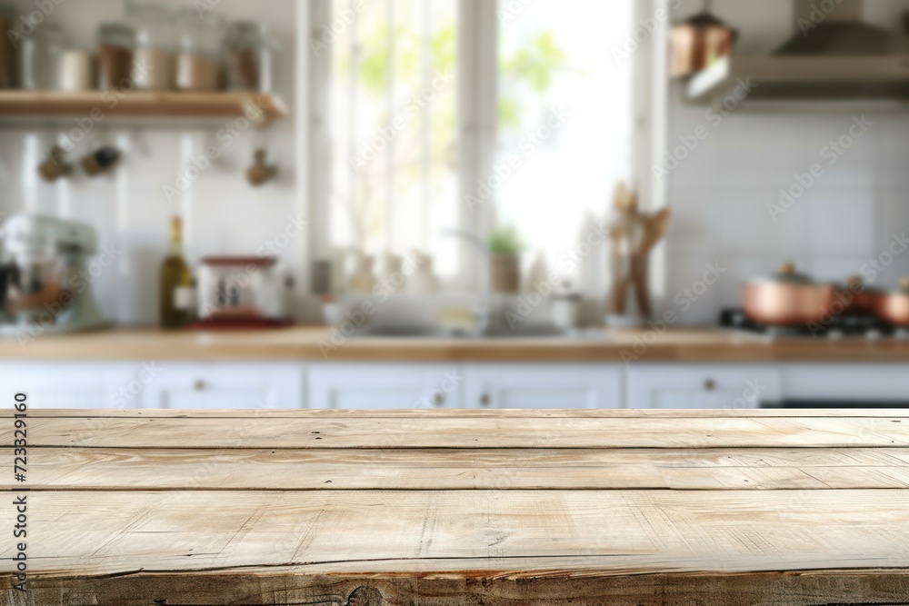 Product display or design layout with wood table top on blurred kitchen counter background