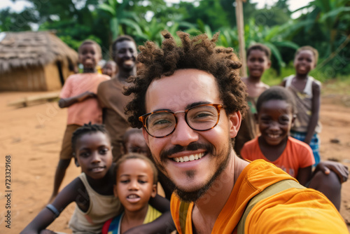 Male volunteer poses with children for selfies in an African village. Charitable assistance to children in need