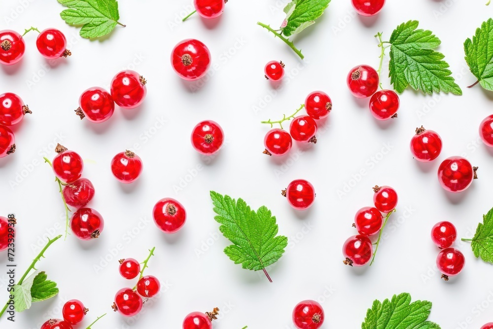 Red currant berry on white background top view Flat lay pattern