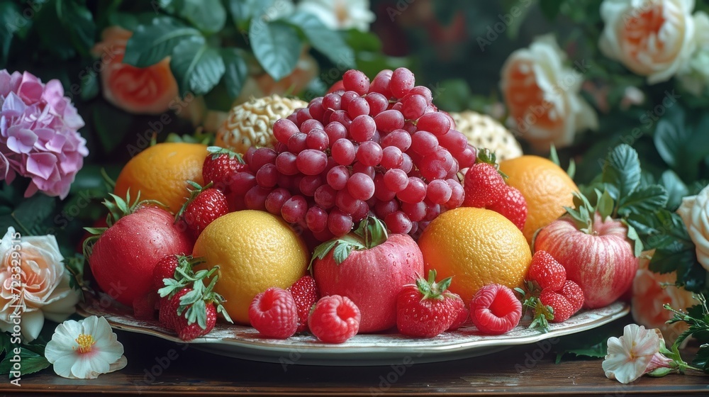  a close up of a plate of fruit on a table with flowers and flowers in the background and a plate of fruit on a table with oranges and raspberries.