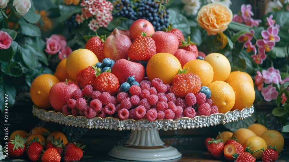 a close up of a platter of fruit on a table with flowers a close up of a platter of fruit on a table with flowers