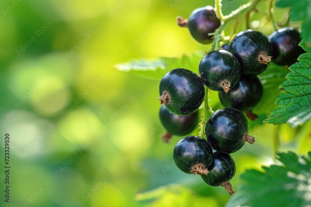 Ripe black currant growing among greenery in a garden Ripe black currant growing among greenery in a garden